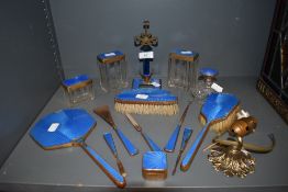 A vintage fifteen piece enamelled dressing table set, in a beautiful blue