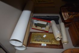 A boxed matchbox steam wagon, similar brass plaque ,a steam train poster a model of the flying