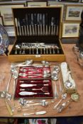 An oak canteen of Warriss plated cutlery and selection of vintage cutlery and utensils having some