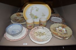 A collection of ceramics including Shelley platter, Royal Devon vases, and various plates.