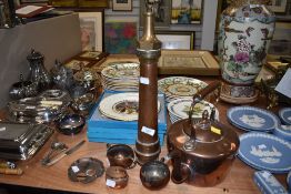 A selection of copper and plated collectables amongst which are an antique Merryweather fire hose