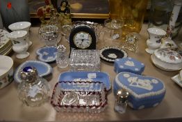 A election of Wedgewood including clock and trinket boxes, also some glass with two bottle having