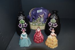 A selection of ceramics including Coalport figures, pair of Shelley violette and Classic Pooh