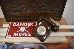 A selection of maps, possibly of military interest, a metal 'Danger mines' sign and a vintage rotary