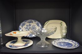 A selection of serving plates and platters including Crown Ducal and glass cake tazza