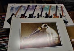 Two music related pictures including various guitars picture and HMV dog picture.