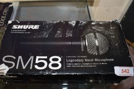 A Shure SM58-LCE microphone, tested working,in original box and case, could do with new grille bit