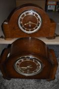 Two vintage mantel clocks, one in oak the other Walnut veneer, both have keys but are untested.