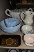 two large Copeland Spode bowls and a small vase in blue with raised white cherry blossom design, a