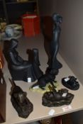 Four dog fgurines, one being Border fine arts, another Heredites, and two Royal Doulton figurines,'
