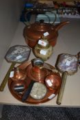 A collection of copper including small tray with frying pan,bowls and measure,also a kettle,