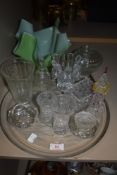 A selection of vintage glass, including 'Allenburys food measure' jug, green handkerchief bowl and