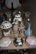 A selection of ceramics including lidded Wedgewood trinket bowl and vase, two figurines, a ceramic