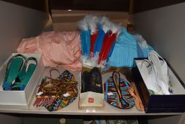 A mixed lot of vintage and retro items including shoes,fabric and jewellery.