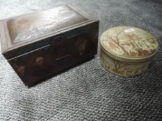 Two collectable biscuit tins, one being Huntley and Palmer having christmas scene, the other Co-