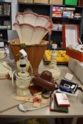 A selection of vintage lamps and shades,Tasco Binoculars, a Halina camera,Park Drive advertising