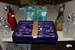 Six Edinburgh Crystal wine glasses in box, three decanters and more.
