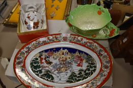 A house of Faberge porcelain christmas platter,a Spode urn in box and two vintage bowls with salad
