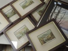 Six prints, Lakeland views, 19th, each 9 x 12cm, framed and glazed, and a watercolour, E Greig Hall,
