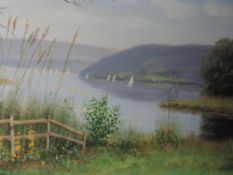 A print, after Jeff Sanders, A Summer Evening at Windermere, signed, 18 x 51cm, framed and glazed