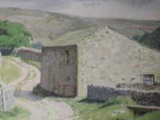 A watercolour,Geoffrey H Pooley, Old Barn near Mallam, signed, 26 x 35cm, framed and glazed