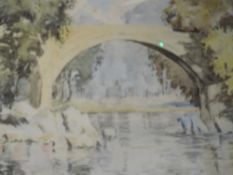 A watercolour, river bridge, 35 x 46cm, framed and glazed