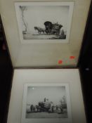 A pair of etchings, after Graham Cleveland, Romany caravan, and Hay Makers, signed, 18 x 22cm,