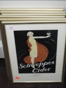 Six prints, reproduction Schweppes advertising, 40 x 28cm, framed and glazed