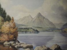 A watercolour, Geoffrey H Pooley, mountainous lake landscape, signed and dated 1980, 34 x 50cm,
