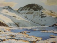 A watercolour, Geoffrey H Pooley, Great and Green Gables, over a Lakeland Tarn, signed and