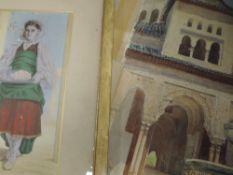 A watercolour, Antigna, serving lady, signed, 26 x 13cm, framed and glazed