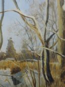 An acrylic painting, Christine Baines, Winter trees, signed and attributed verso, 29 x 12cm,