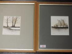 A near pair of watercolours, oast house, and trees, indistinctly signed, 13 x 12cm, framed and