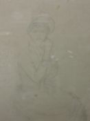 A pencil sketch, C R, lady in 18th century dress, monogrammed, 25 x 17cm, framed and glazed