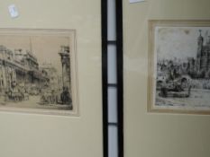 A pair of etchings, after W Monk, The Tower of London, and The Bank, signed, 20 x 26cm, framed and
