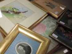 A pair of prints, still life, 21 x 16cm, an engraving, portrait 19th, 9 x 7cm, a watercolour, L