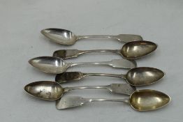 A set of six Georgian Scottish Provincial silver teaspoons of fiddle back form bearing monogram F to