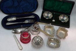A selection of HM silver including nail buffer, cased pair of salts, cased christening cutlery
