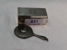 A miniature silver backed hand mirror having plannished decoration, Birmingham 1913, Crisford &