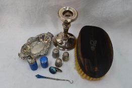 A small selection of HM silver and white metal including thimbles, trinket dish, cigarette lighter