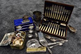 A small selection of silver plated ware including canteen of fish knives and forks having HM