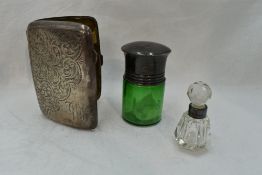 A green glass scent bottle of plain form having glass stopper and HM silver lid, a small cut glass