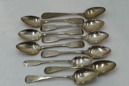 A set of six Georgian silver teaspoons of fiddle back form bearing monogram R to terminals,