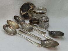 A selection of HM silver including a set of six dessert spoons of rat tail design, Sheffield 1921,