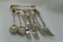 A selection of Georgian, Irish & Victorian silver flatware including dessert spoons and forks, table
