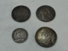 Four UK Coins, William & Mary 1689 Half Crown, George II 1746 Half Crown x2 and a George II 1758