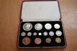 A George VI 1937 cased Specimen Coins set, 15 coins Crown to Farthing plus Maundy coins