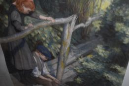 A large Victorian style print in modern distressed effect gilt frame 'waiting for a bite'