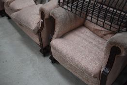 An early 20th Century three piece lounge suite having mahogany frame, good sound frame, some
