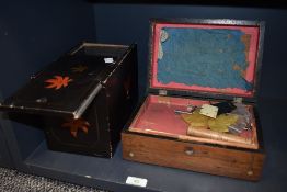 Two vintage boxes, one having hand painted leaf detailing an the other inlaid to top and sides
